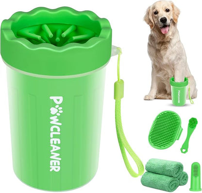 Professional 7 in 1 Dog Paw Cleaner for Dogs & Cats - Includes 1 Portable Paw Washer, 1 Bath Brush, 2 Dog Toothbrushes and 3 Absorbent Towels Note: Fits Paws 1.5 to 2.5 Inches Wide (Medium, Green)