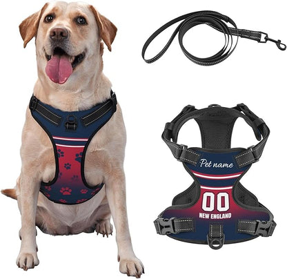 Custom New England Dog Harness with Reflective Stripes Personalized Name and Number Dog Vest Harness with Pet Traction Rope for Small Medium Large Dog
