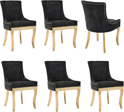 Luxury Fabirc Upholstered Dining Chairs Set of 6,Neutral Chenille Kitchen Room Chair with Nailhead Trim,6 Piece Modern Side Chairs for Dining Room,Living Room,Bar (Black-Gold, Set of 6)