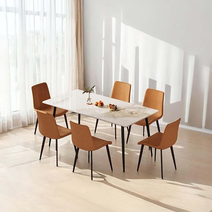 Dining Chairs with Comfortable Backrest and Sturdy Metal Legs, Modern Upholstered PU Leather Kitchen & Office Chairs for Dining Room, Restaurant Or Living Room (Brown, 6-Set)