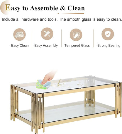 Goujxcy Glass Modern Coffee Table Set of 2 with Storage, Glass Top and Stainless Steel Frame, Living Room Table Set for Apartment Home Office