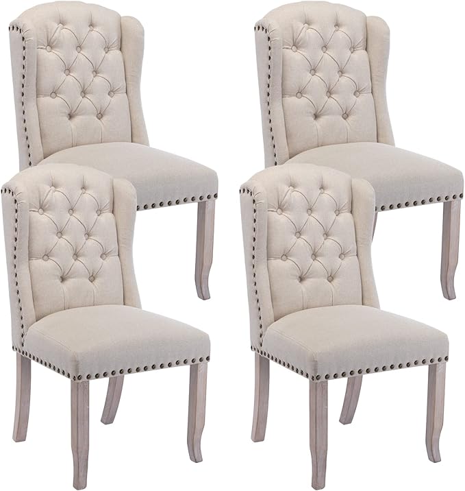 DUOMAY Modern Tufted Dining Chairs Set of 4, Linen Upholstered Dining Room Chairs Armless Guest Side Chair for Kitchen Dining Room, Wingback Accent Chairs with Solid Wood, Beige