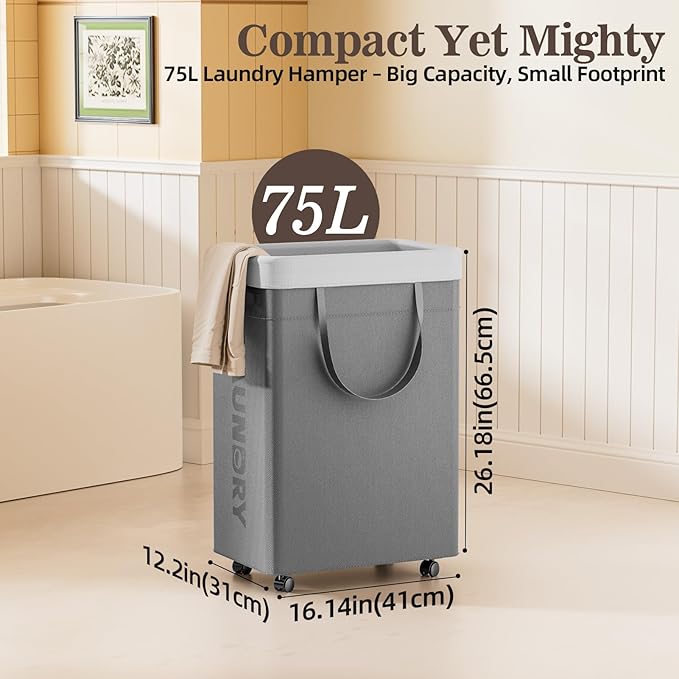 YECAYE 75L Rolling Collapsible Laundry Baskets, Easy-to-Assemble Laundry Basket with Wheels, Rolling Laundry Hamper, Foldable Clothes Hamper with Wheels for Bedroom, Bathroom, or Laundry Room
