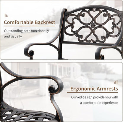 Cast Aluminum Patio Dining Set, Outdoor Bistro Set, 31.5" Round Outdoor Dining Table with Umbrella Hole, 2 Bistro Chairs for Yard Porch Garden Balcony