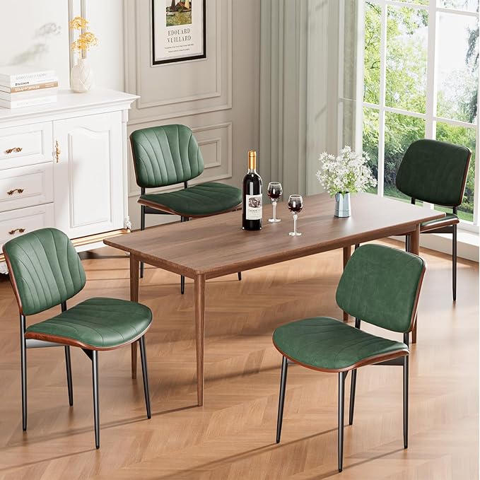 Dining Chairs Set of 2, Mid-Century Modern Upholstered PU Leather Chairs with Walnut Bentwood Back and Metal Legs Adjustable Feet for Kitchen Dining Room, Dark Green Shell Strips