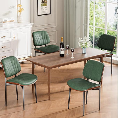 Dining Chairs Set of 2, Mid-Century Modern Upholstered PU Leather Chairs with Walnut Bentwood Back and Metal Legs Adjustable Feet for Kitchen Dining Room, Dark Green Shell Strips