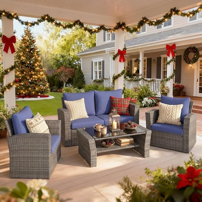 Wisteria Lane 4 Piece Patio Furniture Set, Wicker Outdoor Patio Conversation Furniture Set, All Weather Outdoor Patio Sofa with Cushion and Glass Table, Blue
