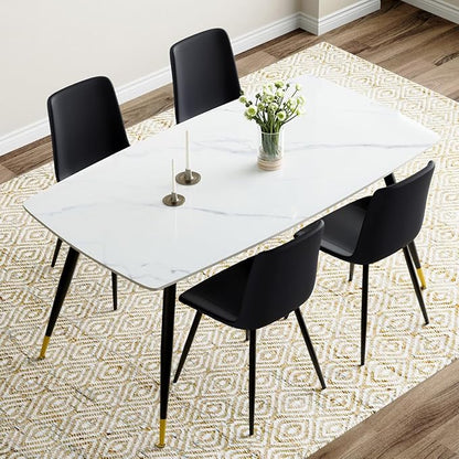 White Dining Table Set for 4, Sintered Stone Dining Room Sets for 4, Easy to Assemble