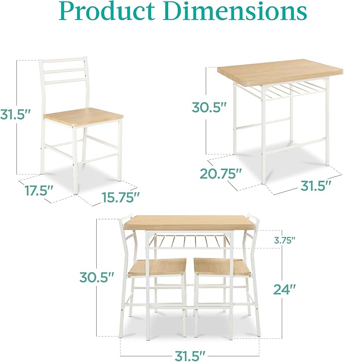 Best Choice Products 3-Piece Modern Dining Set, Space Saving Dinette for Kitchen, Dining Room, Small Space w/Steel Frame, Built-in Storage Rack - Natural/White