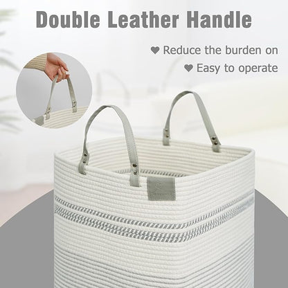 danpinera 100L Nursery Hamper, Tall Woven Laundry Basket with Long Leather Handles, Boho Laundry Hamper for Living Room & Bedroom, Eco-friendly & Convenient Decorative Storage Basket White & Gray