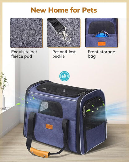Morpilot Cat Carrier - Soft Sided Cat Carrier Large for Big Medium Cats and Puppy up to 18lbs, Pet Carrier with Safety Zippers, Foldable Bowl, Airline Approved Large Dog Carrier - Light Blue