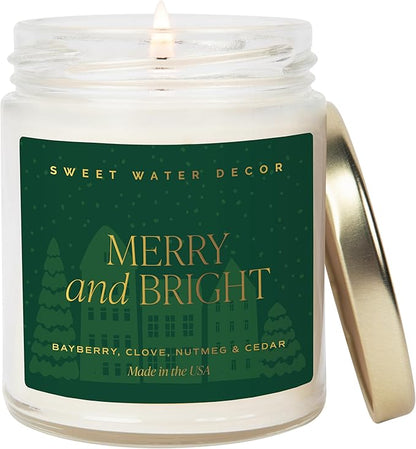 Sweet Water Decor Merry and Bright Christmas Scented Candles - Christmas Stocking Stuffers Soy Candles with Nutmeg Scent - Christmas Candles with 40 Hours Burn Time - 9Oz Gold Lid Clear Jar Candles