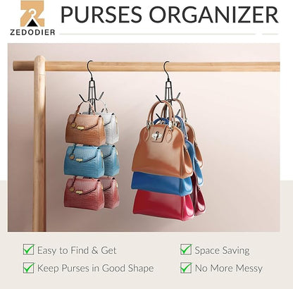 ZEDODIER Purse Hanger Organizer for Closet, Hanging Bag Holder, Keeping Purses Visible and in Good Condition, Metal Handbag Storage Hook Backpack Rack Space Saving Hanger, Black