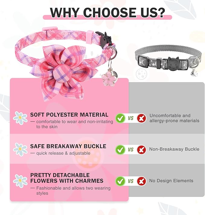Cat Collar with Bells- Breakaway Cat Collar for Girl Cats- Flower Cat Collars with Removable Floral Safety Buckle- Cute Kitten Collar Adjustable 8"-12" for Kitty Puppy and Small Pets