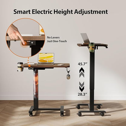 Agilestic Portable Standing Desk Height Adjustable, Mobile Table with Wheels, Small Size Sit Stand Table for Laptops, Rolling Desk for Home, 26" x 15.7"Computer Workstation, Dark Walnut