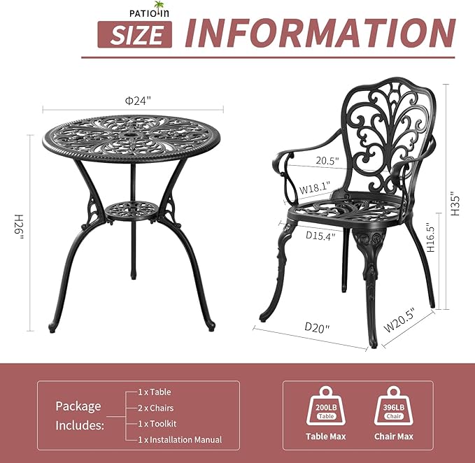 Outdoor Bistro Table and Chairs Set of 2, Outdoor Bistro Set 3 Piece with Umbrella Hole, Black Patio Bistro Sets Cast Aluminum for Balcony Porch Yard