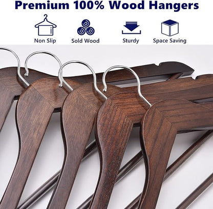 Amber Home 30-Pack Vintage Wooden Coat Hangers, Walnut Wood Suit Hangers with Non-Slip Pant Bar for Shirts, Jackets, Dresses, Pants - Retro