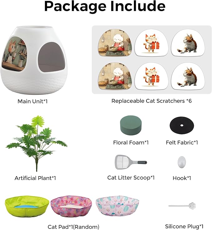 Copod8 Cat Cave, 3-in-1 Kitty House Condo with Plant, Cat Cushioned Bed, Cat Scratchers, Modern Cat Pet Furniture for Indoor, Kitty Hiding Spot (White, M)