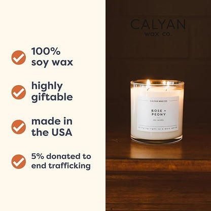 Calyan Wax Co. Rose & Peony 2 Wick Scented Candle - 37 Hour Burn - Luxury Non Toxic Soy Wax Candles - Long Lasting Large Glass Jar Candle for Home - 8.8oz