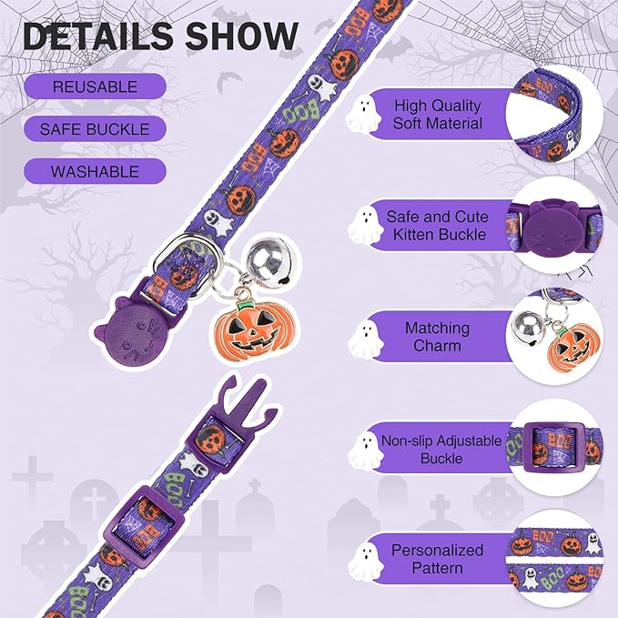 3 Pack Halloween Breakaway Cat Collars with Bell & Charm-Holiday Cat Collar for Girl Boy Cats with Safety Buckle- Cute Pumpkin Skull Kitten Collar Adjustable 8"-12" for Kitty Puppy Small Pets