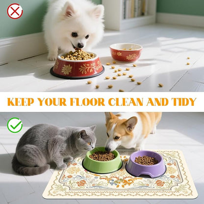 Dog Food Mat Absorbent,Pet Mat for Floors Waterproof Quick Dry Dog Bowl Mat for Food and Water No Stains Non Slip Cat Feeding Mat Pet Supplies 12"×20" Beige Persian Style