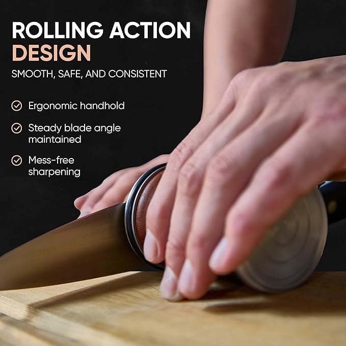 Rolling Knife Sharpener Kit – Premium Walnut Wood Kitchen Knife Sharpener for 15° & 20° Edge - Magnetic Knife sharpener with Diamond & Stainless Disc #1000/#3000