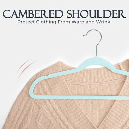 HOUSE DAY Sky Blue Velvet Hangers 60 Pack, Non Slip Clothes Felt Hanger Heavy Duty for Coat, Premium Slim Space Saving Suit Hangers for Closet Organizer, 360° Rotating Silver Hook