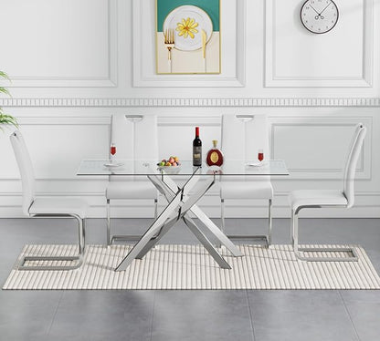 Goujxcy Modern Glass Dining Table Set for 4, Glass Silver Kitchen Table and Chairs Set, 5 Piece Dining Room Table Set with 51" Rectangle Dinner Table and 4 White Leather Dining Chairs