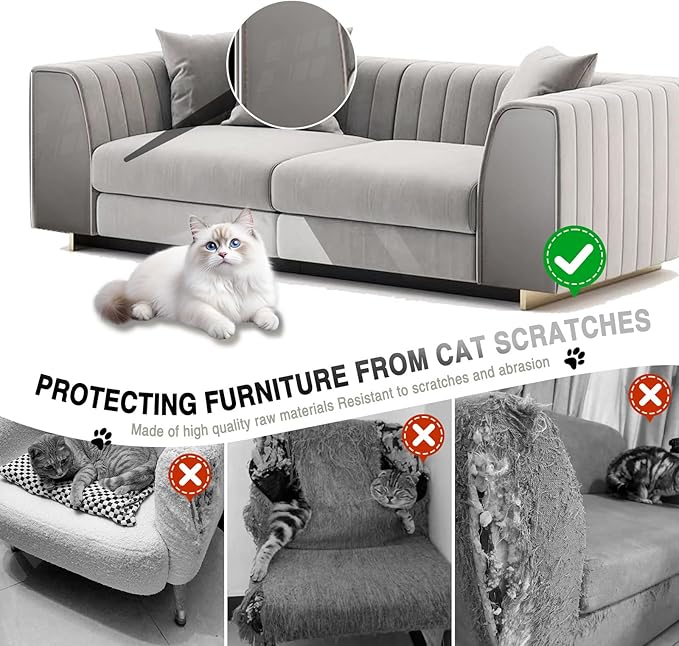 Anti Cat Scratch Furniture Protector, 2pcs 118 x 11.8in&7.9in Flexible Couch Corner Protector from Cat Claws，Single-Sided Sticky Couch Protectors, Cats Scratch Deterreent Tape (Transparent)