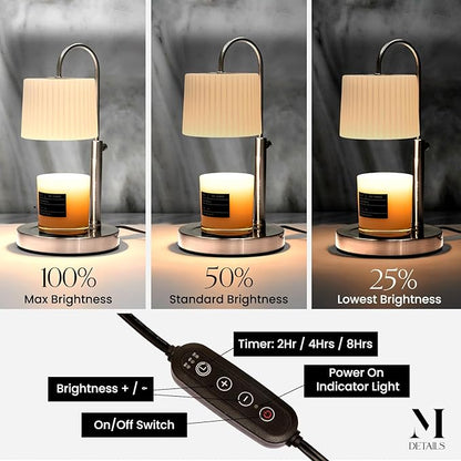 Dimmable Glass Candle Warmer Lamp with Timer - Adjustable Height Candle Lamp Warmer with Timer (8H/4H/2H) - Wax Melter - Ideal Gift, fits Various Size Scented Candles - 02 Bulb - (Brushed Nickel)