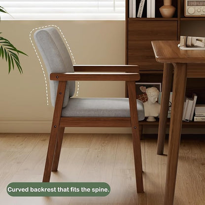 Solid Wood Upholstered Dining Chair, Mid Century Modern Dining Room Chair with Curved Backrest and Armrest for Kitchen, Living Room, Study Room, Walnut and Gray