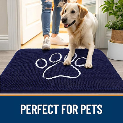 OLANLY Dog Door Mat for Muddy Paws 59x24, Paw Print Design, Absorbs Moisture and Dirt, Absorbent Non-Slip Washable Doormat, Quick Dry Chenille Mud Mat for Dogs, Entry Indoor Entryway Carpet, Navy Blue