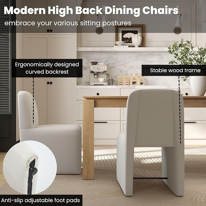 White Upholstered Chenille Dining Chairs Set of 2, Mid Century Modern Dining Room Chairs with Deep Seat & Curved Back, Armless Side Chair Comfy Kitchen Chairs for Living Room/Kitchen