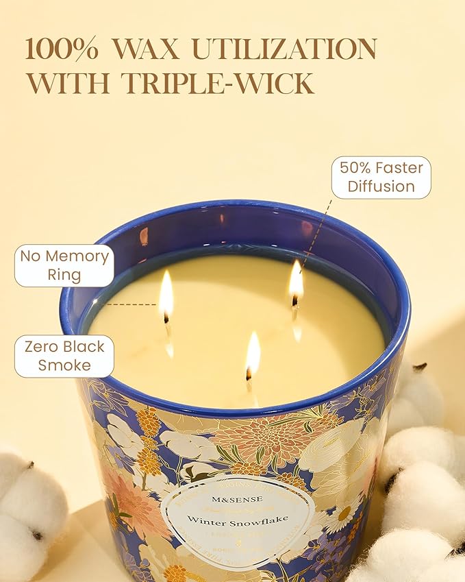 M&SENSE Winter Snow Flake Scented Candle, 28.2oz 3 Wick Natural Soy Wax Large Candles, Long Lasting Clean Slow Burning No Toxic Décor for Home Relaxation, Romantic Dates & Gift-Giving