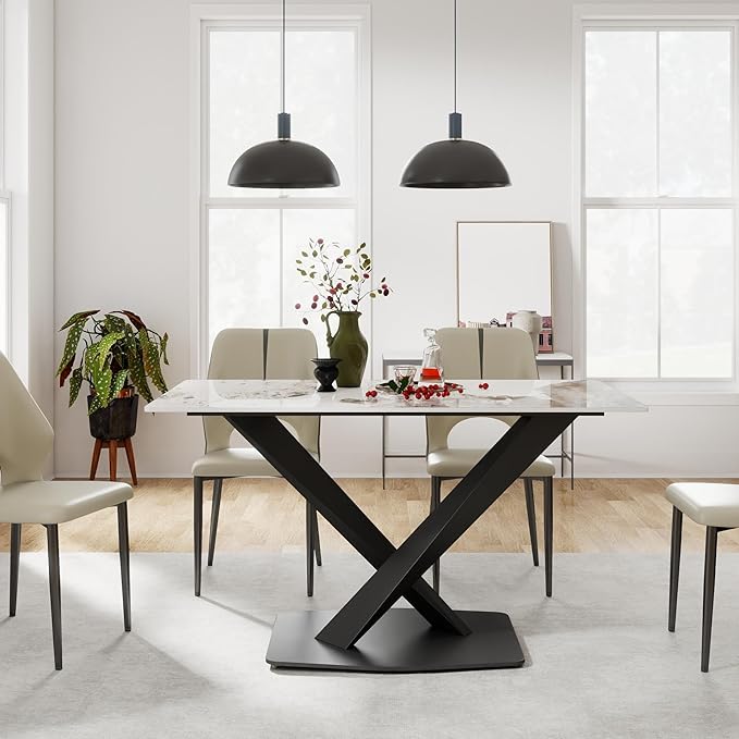 55" Modern Dining Table for 4-6 People, White Sintered Stone Table Top with X-Shape Carbon Steel Pedestal, Large Rectangular Table for Kitchen Living Room