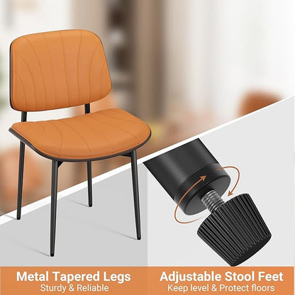 Dining Chairs Set of 2, Mid-Century Modern Upholstered PU Leather Chairs with Walnut Back and Metal Legs Adjustable Feet for Kitchen Dining Room, Orange Shell Strips