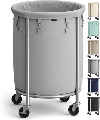 SONGMICS 29-Gallon (110 L) Laundry Basket with Wheels, Rolling Round Heavy-Duty Laundry Hamper Cart with Steel Frame and Removable Bag, 2 Locking Wheels, Gray and Metallic Silver URLS002G01