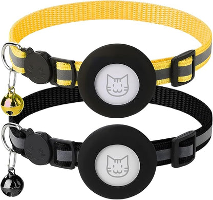 2 Pack Airtag Cat Collar with Bell, Reflective Nylon Kitten Collar with Apple Air Tag Holder and Breakaway Safety Buckle for Puppy Girl Boy Cats, 3/8" in Width and Lightweight, Black/Yellow