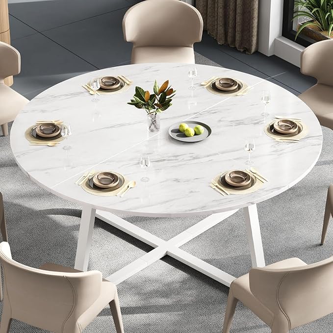 LVB White Faux Marble Round Dining Table, Circle Dining Table Kitchen 4-6 People, Mid-Century Pedestal Dinner Office Living Room, White Marble, 51 Inch