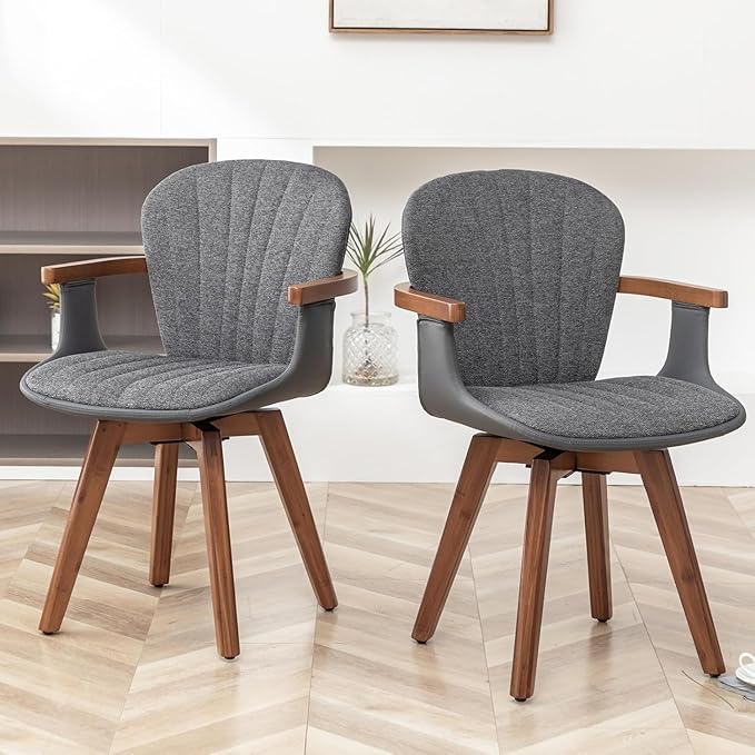 LUNLING Swivel Dining Chairs Set of 4, Mid Century Modern Gray Fabric+Faux Leather Kitchen Chairs with Arms,Bamboo Legs Side Chairs No Wheels,Accent Chair for Dining Rooms and Offices(Gray Fabric)