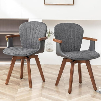 LUNLING Swivel Dining Chairs Set of 4, Mid Century Modern Gray Fabric+Faux Leather Kitchen Chairs with Arms,Bamboo Legs Side Chairs No Wheels,Accent Chair for Dining Rooms and Offices(Gray Fabric)