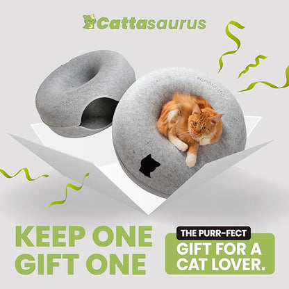 CATTASAURUS Peekaboo Cat Cave for Multiple & Large Cats Up to 30-45 Lbs, Scratch Detachable & Washable Tunnel Bed, Comfy Donut Cat Cave (Light Gray + Light Gray, Large)