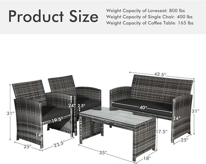 Goplus 4-Piece Rattan Patio Furniture Set, Outdoor Wicker Conversation Sofa with Weather Resistant Cushions and Tempered Glass Tabletop for Lawn Backyard Pool Garden (Black)