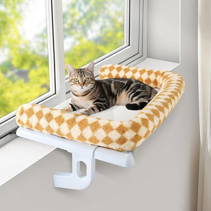 Sunhoo Cat Window Perch Hammock Sturdy Windowsill Bed Seat for Large Cats No Drilling No Suction Adjustable Kitty Shelf with Washable Cover Easy Assembly Holds up to 40 lbs 24.8 * 15 in (Brown, L)