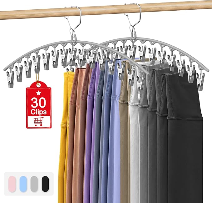 Upgrade Skirt Pants Hangers with Clips, Metal Pants Legging Organizer for Closet Holds 30 Leggings/Shorts/Jeans/Skirts Pant Hangers Space Saving Hanging Closet Organizers Shorts Hanger, Grey 2Pack
