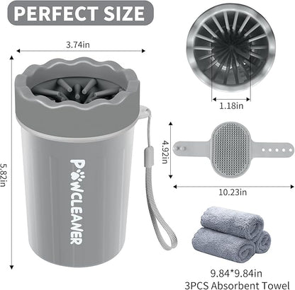 Professional 7 in 1 Dog Paw Cleaner for Dogs & Cats - Includes 1 Portable Paw Washer, 1 Bath Brush, 2 Dog Toothbrushes and 3 Absorbent Towels Note: Fits Paws 1.5 to 2.5 Inches Wide (Medium, Grey)