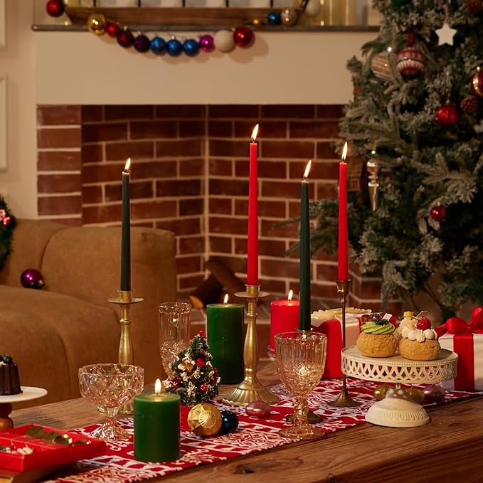 10-Inch Tall Dripless Taper Candles Set of 12 - Red and Green Tapered Candles, Perfect for Christmas - Smokeless, Unscented, Long Burning - Hand Poured, Colored Tall Candlesticks - Christmas
