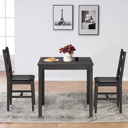 3-Piece Solid Wood Kitchen Table Set for 2 | Pine Dining Table with Upholstered Chairs | Space-Saving Design | Smooth Easy-to-Clean Surface | for Dining Room, Apartment, Restaurant, Dark Brown