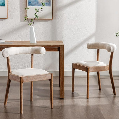 Kmax Dining Room Chairs Mid-Century Modern Fabric Kitchen Chairs with Natural Walnut Finished Frame, Linen Curved Back, Set of 4, Beige
