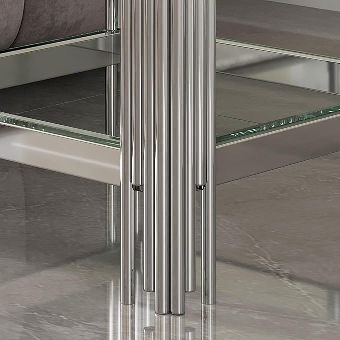 Goujxcy Modern Glass End Table Silver Sofa Side Table with Clear Glass Top and Mirror Stainless Steel Legs, Luxury Square Coffee Tea Table Bedside Tables for Living Room Bedroom, Silver